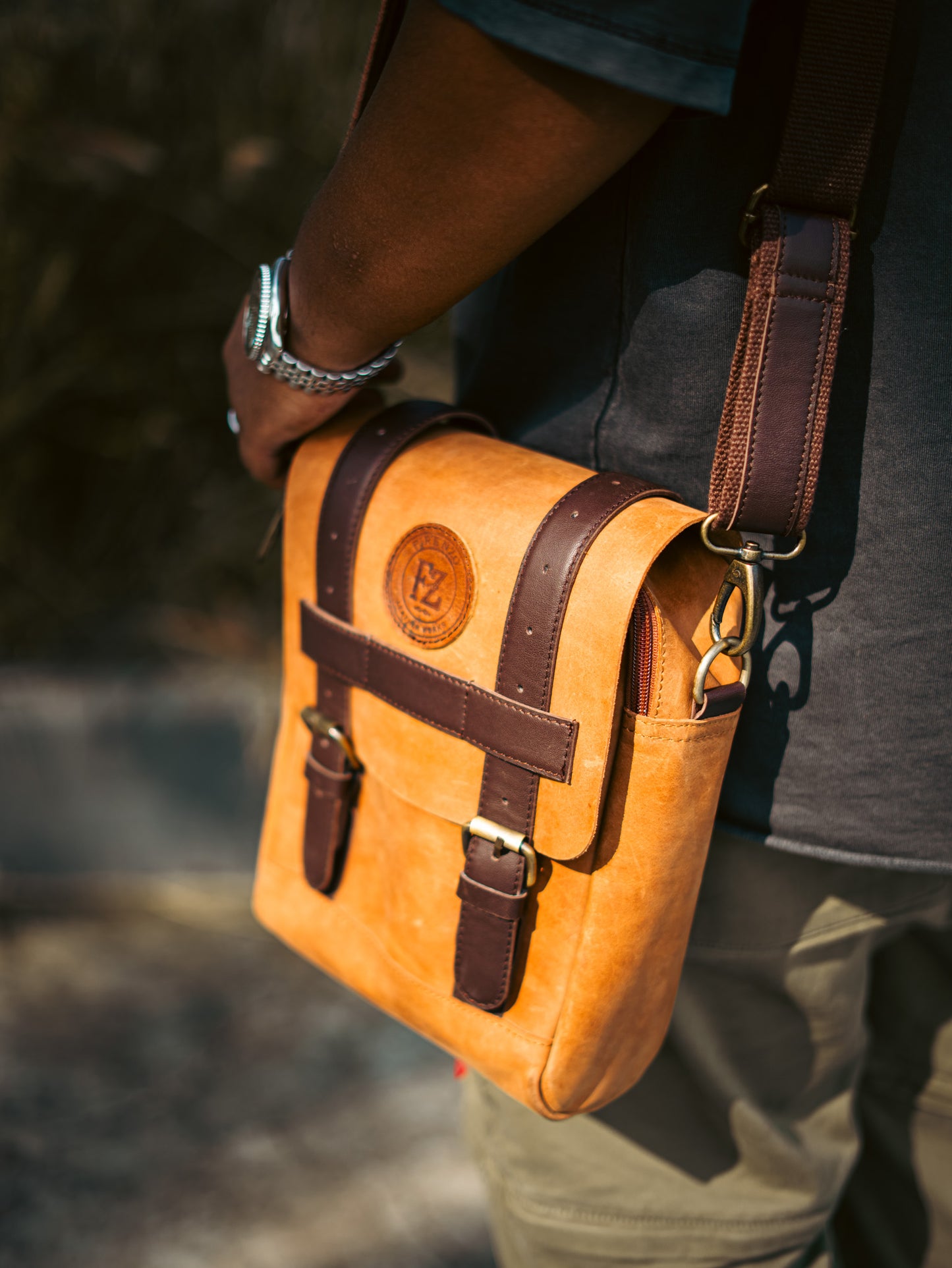 Tank Master Leather Tank Bag worn outdoors