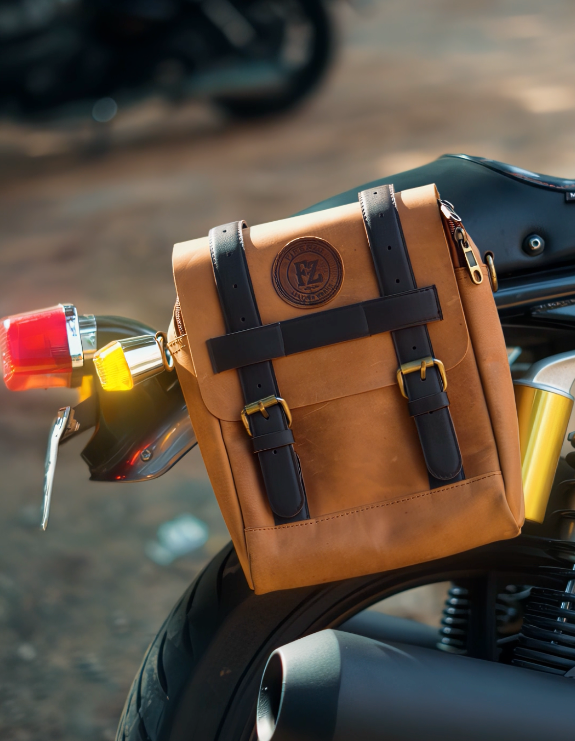 Tank Master Leather Tank Bag on tree roots in dramatic lighting